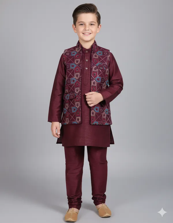 Maroon_Kurta_&_Pyjama_With_Geometric_Pattern_Embroidered_Jacket_Set_For_Kids