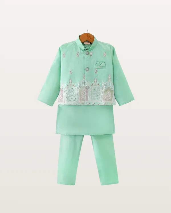 Mint_Green_Kurta_&_Pyjama_With_Embroidered_Jacket_Set_For_Kids