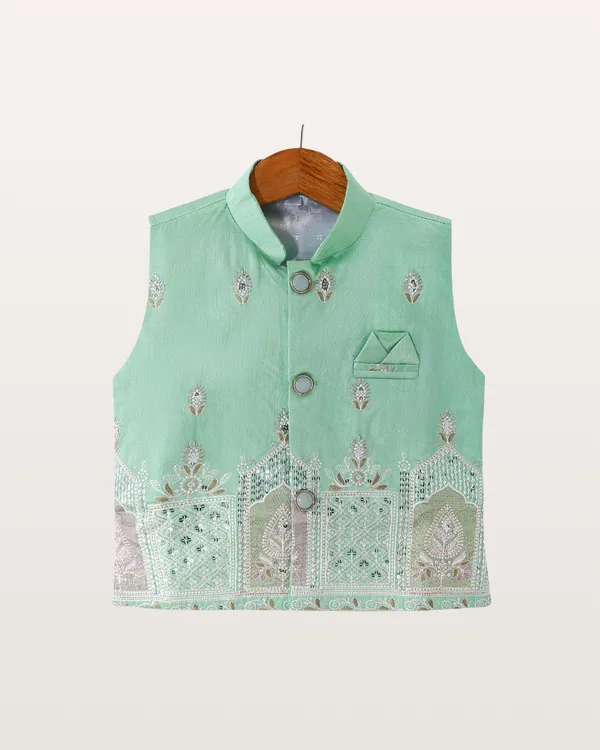Mint_Green_Kurta_&_Pyjama_With_Embroidered_Jacket_Set_For_Kids