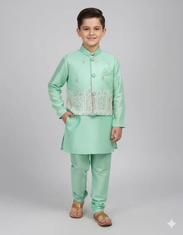 Mint_Green_Kurta_&_Pyjama_With_Embroidered_Jacket_Set_For_Kids