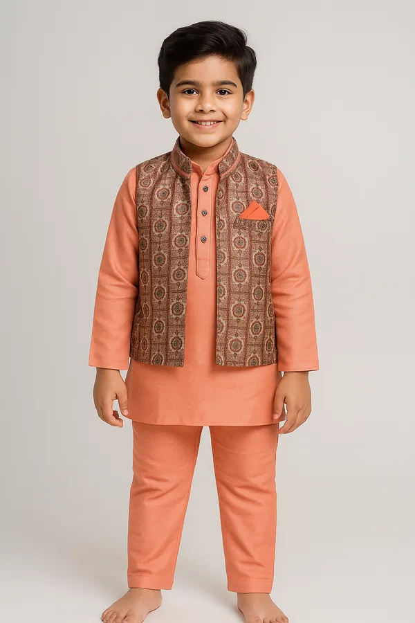 Peach_Kurta_&_Pyjama_With_Geometric_Print_Jacket_Set_For_Kids