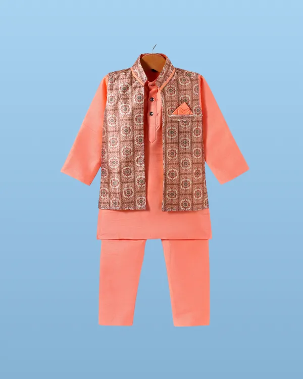 Peach_Kurta_&_Pyjama_With_Geometric_Print_Jacket_Set_For_Kids