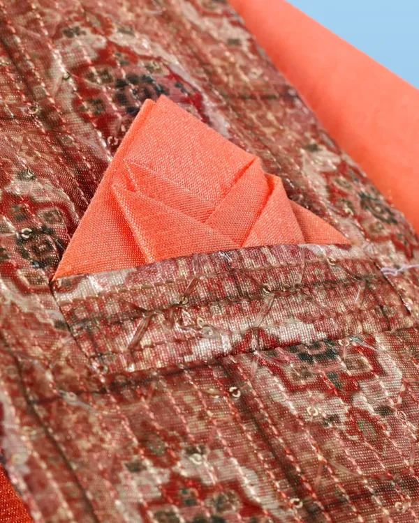 Peach_Kurta_&_Pyjama_With_Geometric_Print_Jacket_Set_For_Kids