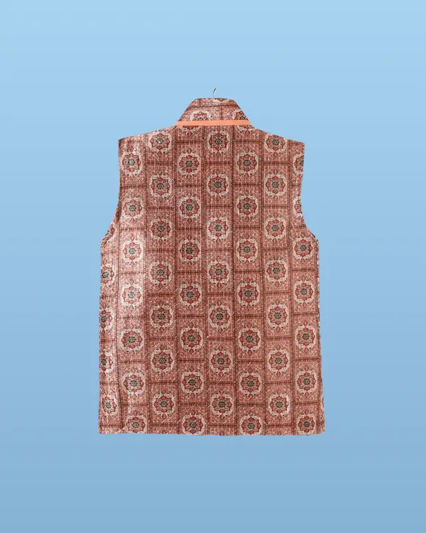 Peach_Kurta_&_Pyjama_With_Geometric_Print_Jacket_Set_For_Kids