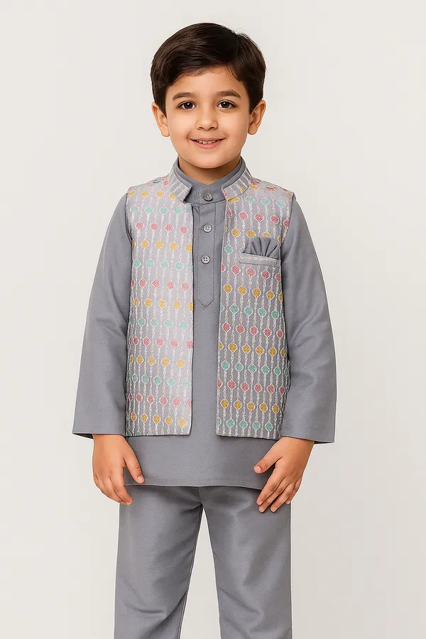 Light_Grey_Kurta_&_Pyjama_With_Pastel_Floral_Embroidered_Jacket_Set_For_Kids