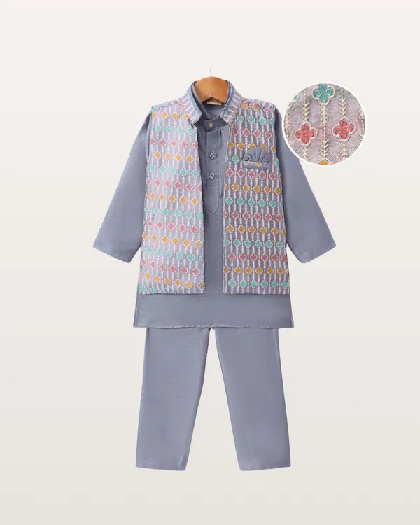 Light_Grey_Kurta_&_Pyjama_With_Pastel_Floral_Embroidered_Jacket_Set_For_Kids