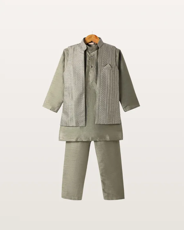 Green_Kurta_&_Pyjama_With_Embroidered_Jacket_Set_For_Kids