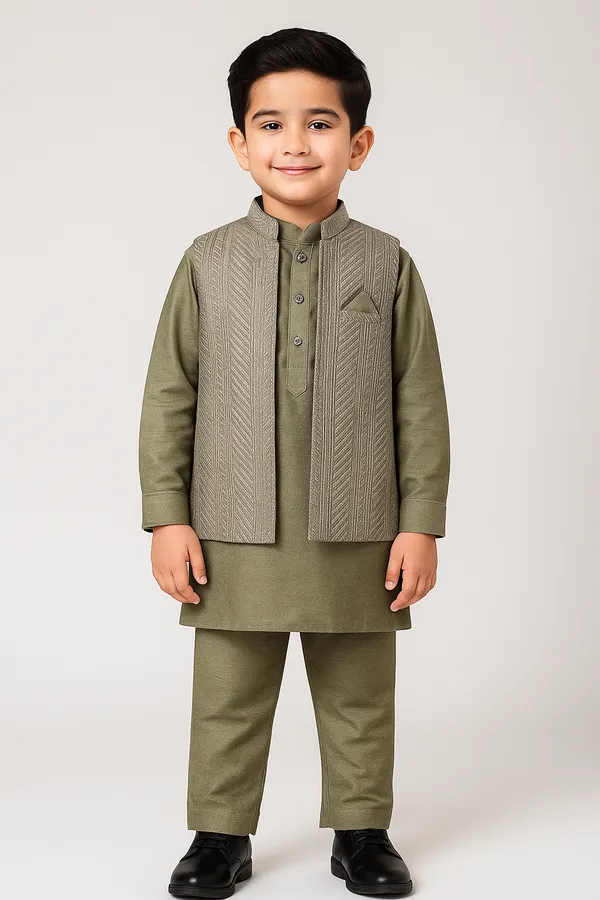Green_Kurta_&_Pyjama_With_Embroidered_Jacket_Set_For_Kids