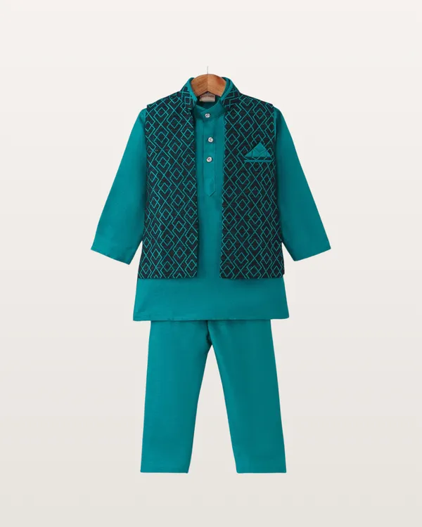 Teal_Kurta_&_Pyjama_With_Geometric_Print_Jacket_Set_For_Kids