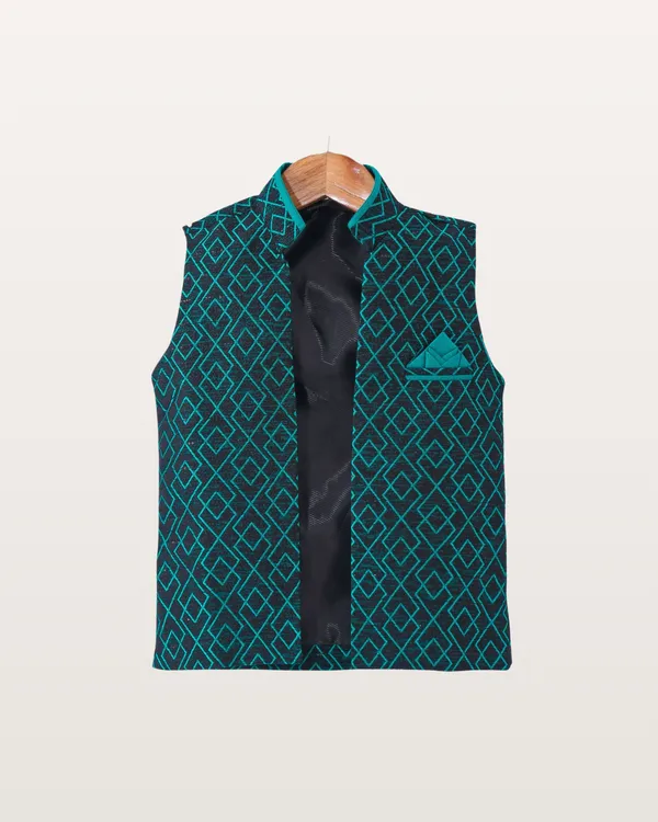 Teal_Kurta_&_Pyjama_With_Geometric_Print_Jacket_Set_For_Kids