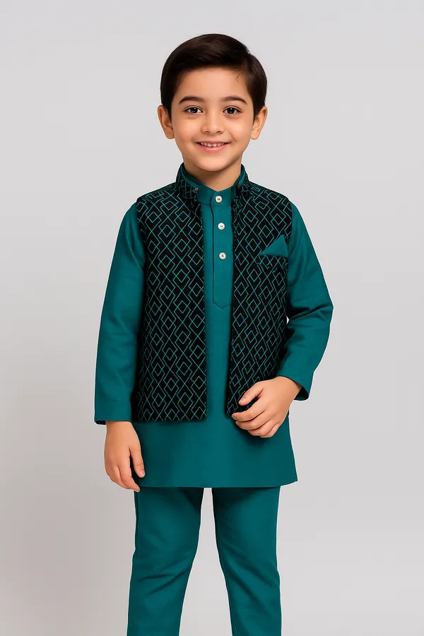 Teal_Kurta_&_Pyjama_With_Geometric_Print_Jacket_Set_For_Kids