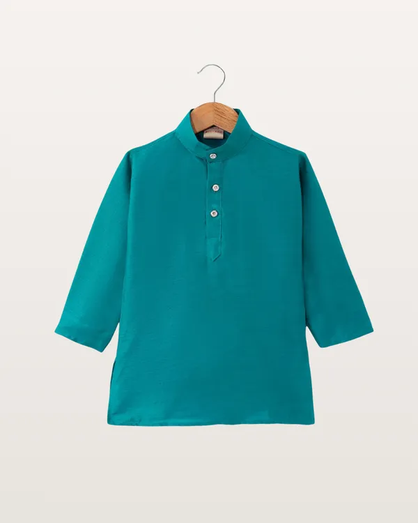 Teal_Kurta_&_Pyjama_With_Geometric_Print_Jacket_Set_For_Kids