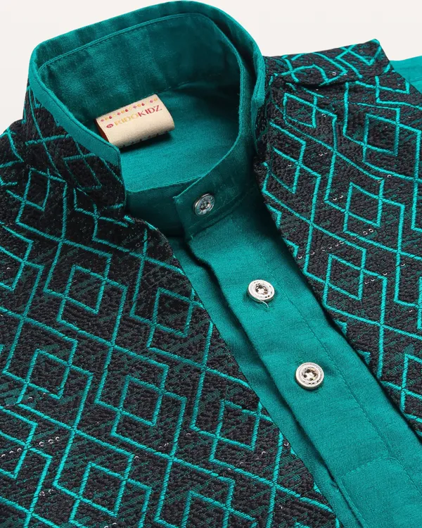 Teal_Kurta_&_Pyjama_With_Geometric_Print_Jacket_Set_For_Kids