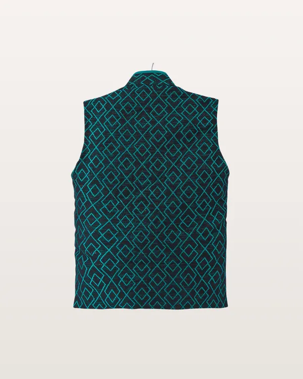 Teal_Kurta_&_Pyjama_With_Geometric_Print_Jacket_Set_For_Kids