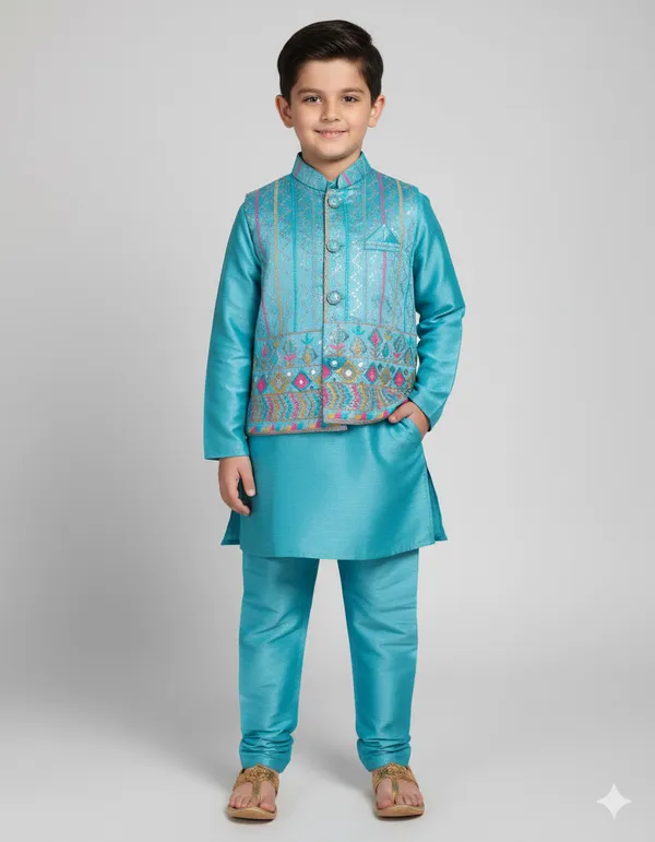 Blue_Kurta_&_Pyjama_With_Sequined_Striped_Jacket_Set_For_Kids