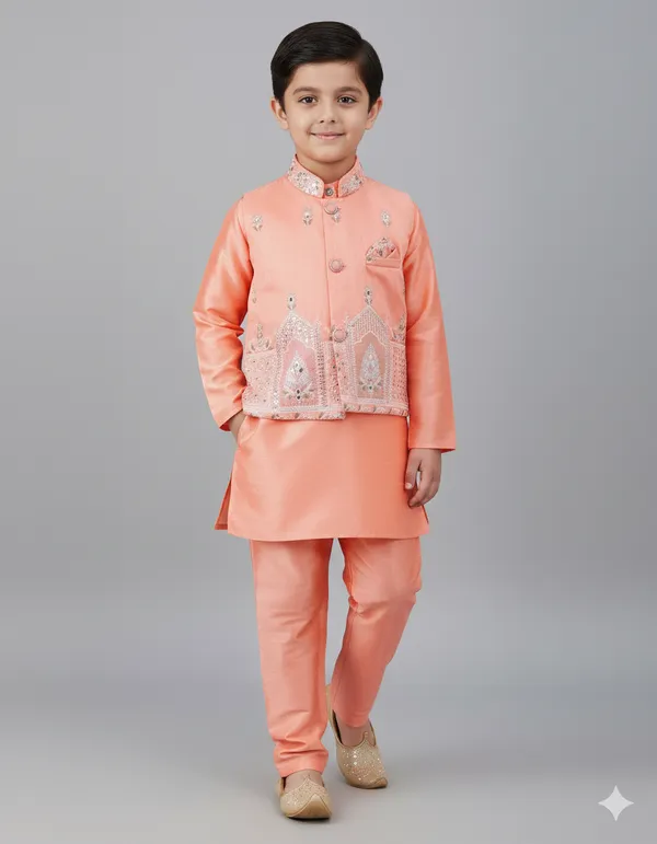 Light_Peach_Kurta_&_Pyjama_With_Sequined_Jacket_Set_For_Kids