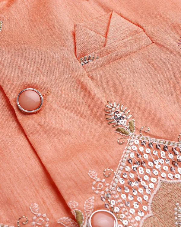 Light_Peach_Kurta_&_Pyjama_With_Sequined_Jacket_Set_For_Kids
