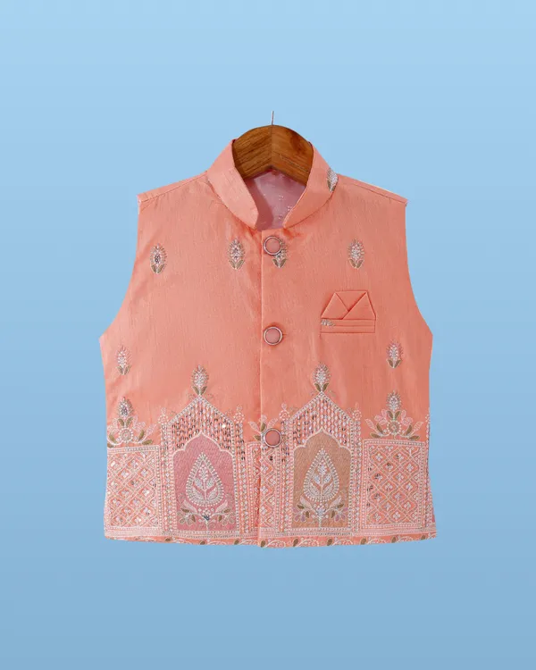 Light_Peach_Kurta_&_Pyjama_With_Sequined_Jacket_Set_For_Kids