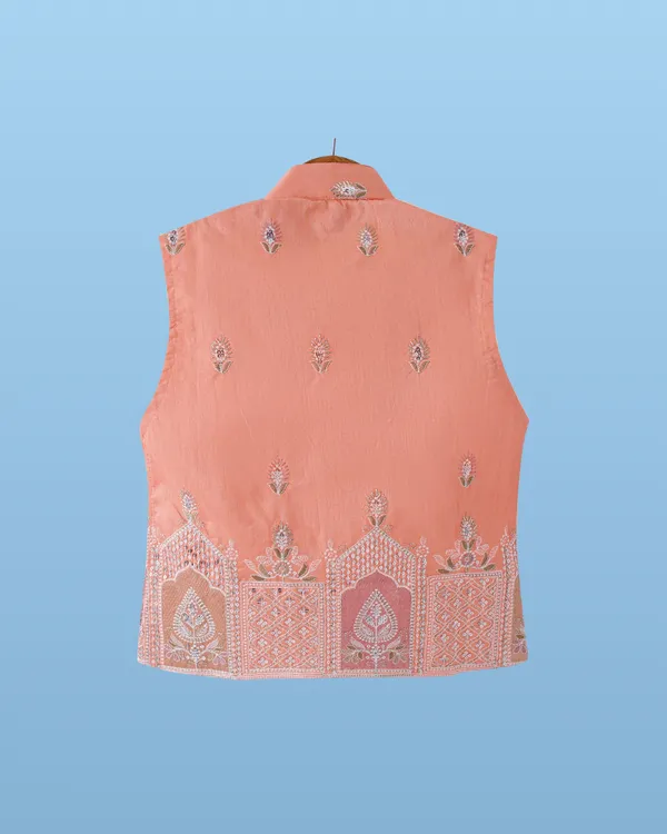 Light_Peach_Kurta_&_Pyjama_With_Sequined_Jacket_Set_For_Kids