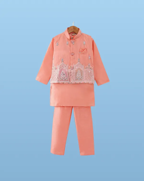 Light_Peach_Kurta_&_Pyjama_With_Sequined_Jacket_Set_For_Kids