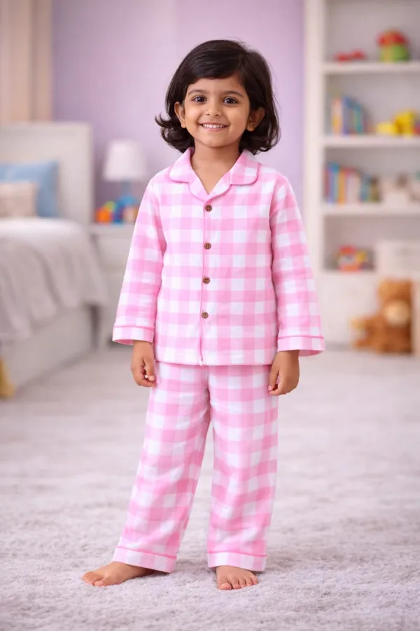 100%_Muslin_Premium_Nightsuit_-_3years_to_10_years-_Full_Sleeves-_Pink_Checks
