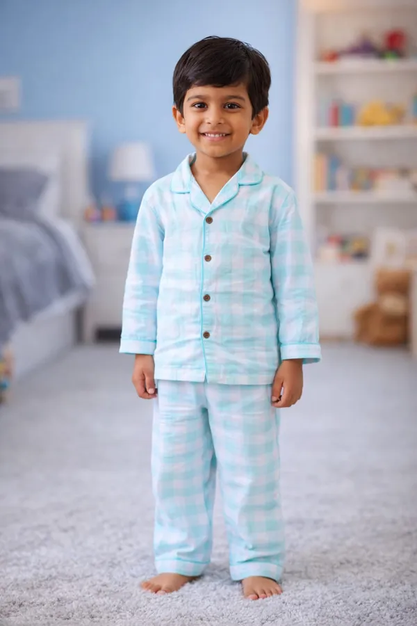 100%__Muslin_Premium_Nightsuit_-_3_to_10_years_-_Unisex_-_Half_Sleeves_-_Green_Checks