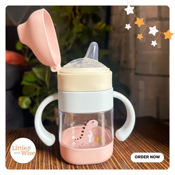 Sipper_Bottle_-BPA_Free_,_Food_Grade_Silicon_-_Weighted_Straw_&_Duck_Beak_Mouth_-Peach_Dino