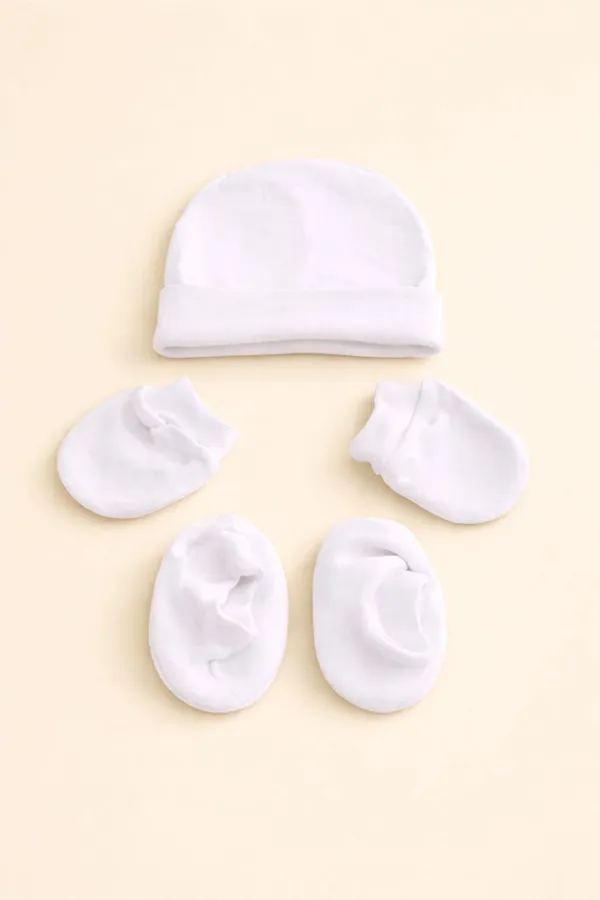 100%_Cotton_White_-_Cap,_Mitten_&_Socks_Set-_Unisex_-_NewBorns-_Baby_Skin_Friendly