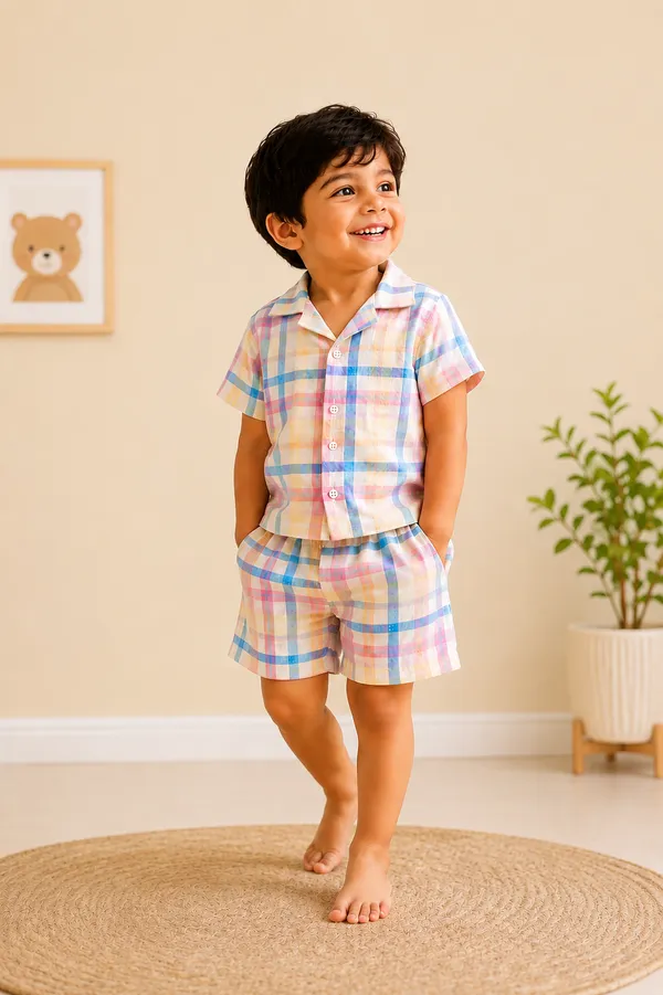 100%_Muslin_Cotton_Co-ord_Set_-_Playtime_to_Bedtime_-_Rainbow_Plaid