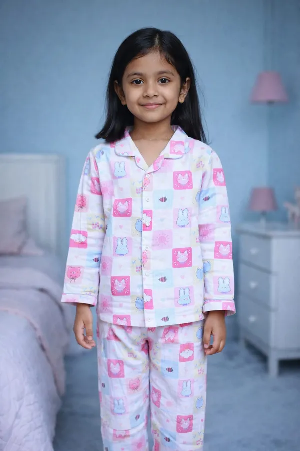 100%_Muslin_Premium_Nightsuit_-_6m_to_10_years-_Unisex_-_Full_Sleeves_-Pink_Puzzle
