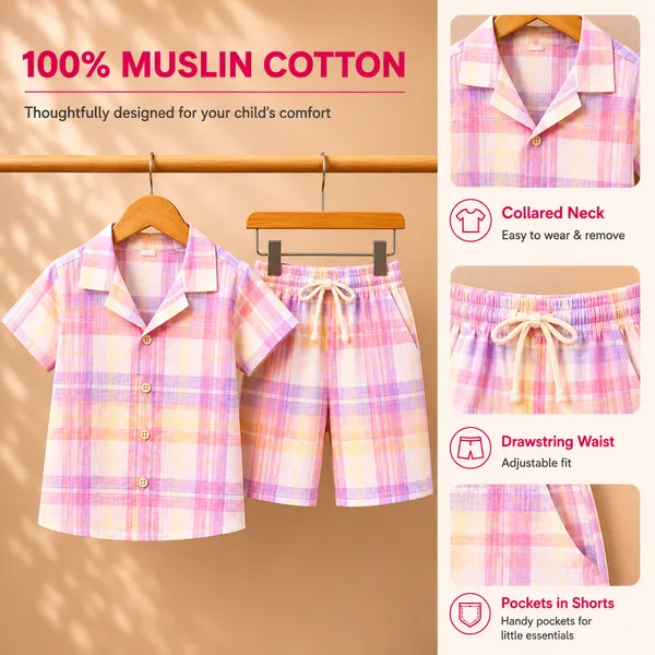 100%_Muslin_Cotton_Co-ord_Set_-_Playtime_to_Bedtime_-_Blush_Plaid