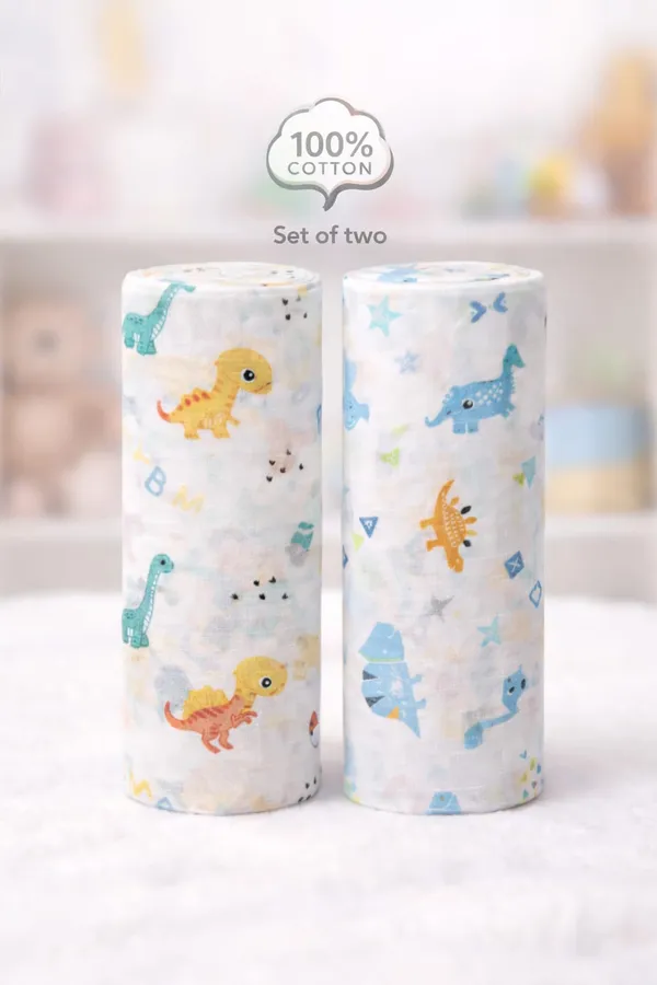 100%_Cotton_Swaddles_-0_to_3_months_-90*90cms-Multipurpose-_Set_of_2_-_Dino_Theme