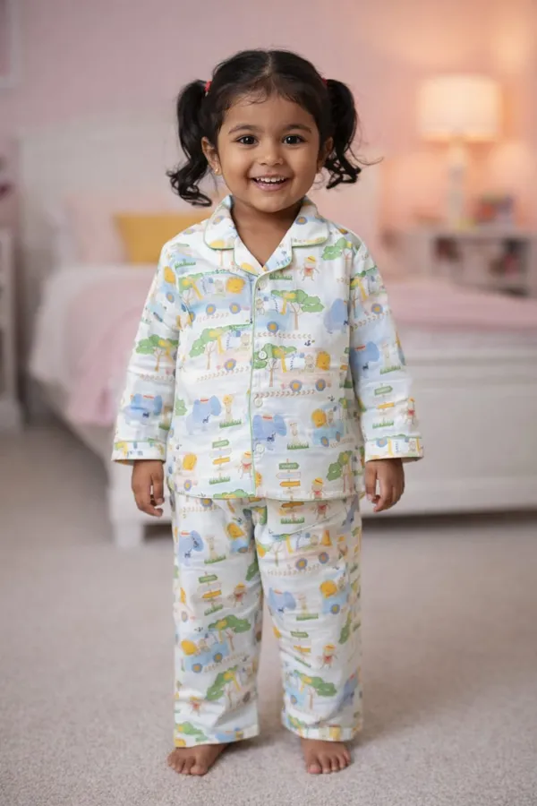 100%_Muslin_Premium_Nightsuit_-_6m_to_10_years-_Unisex_-_Full_Sleeves_-Jungle_Safari_-White