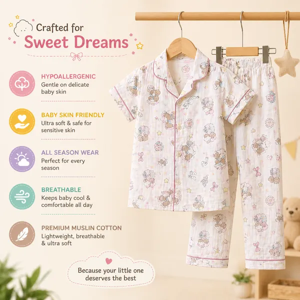 100%_Crinkle_Muslin_Nightsuit_|_Ultra-Soft_&_Breathable_Sleepwear_for_Babies_&_Kids_|Blush_Bunny