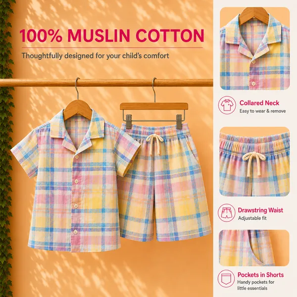 100%_Muslin_Cotton_Co-ord_Set_-_Playtime_to_Bedtime_-_Rainbow_Plaid