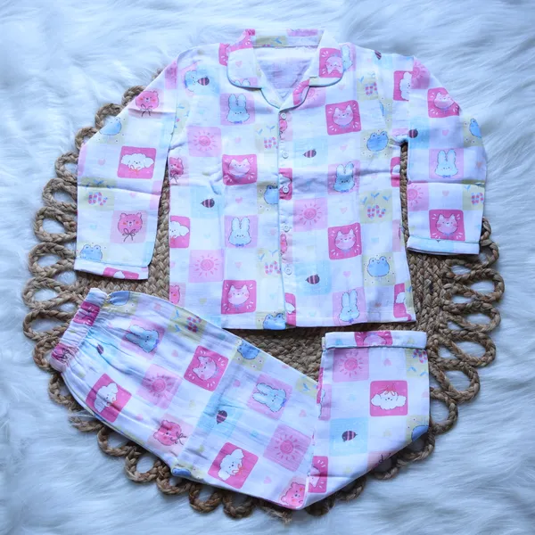 100%_Muslin_Premium_Nightsuit_-_6m_to_10_years-_Unisex_-_Full_Sleeves_-Pink_Puzzle