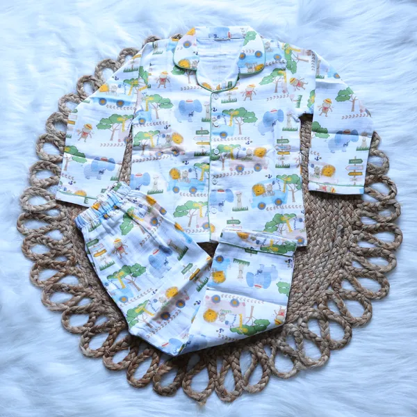 100%_Muslin_Premium_Nightsuit_-_6m_to_10_years-_Unisex_-_Full_Sleeves_-Jungle_Safari_-White