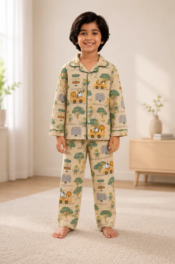 100%_Muslin_Premium_Nightsuit_-_6m_to_10_years-_Unisex_-_Full_Sleeves_-Jungle_Safari_-Brown