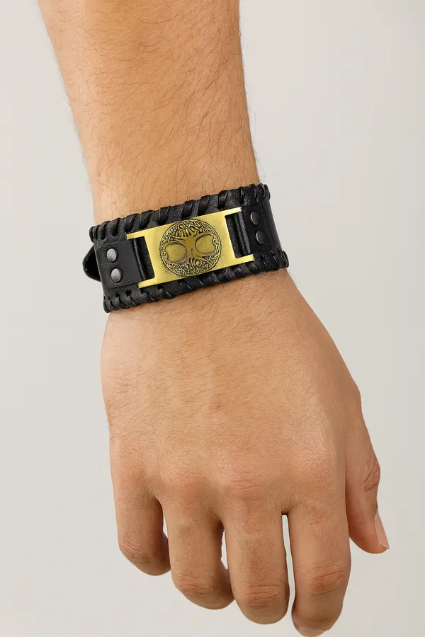 Black_Pu_Leather_Ancient_Horse_Lucky_Charm_Wrist_Band_Biker_Bracelet_For_Men_&_Boys