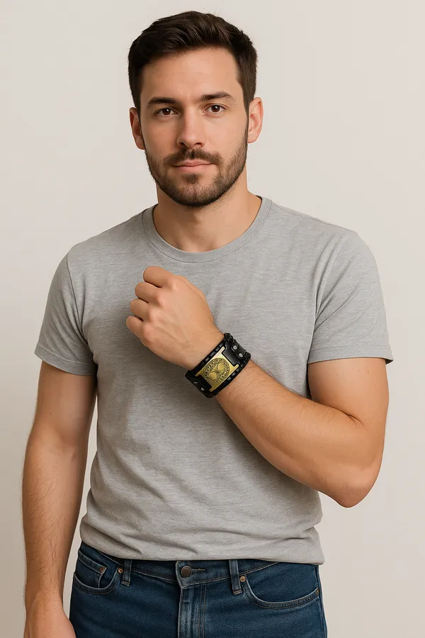 Black_Pu_Leather_Ancient_Horse_Lucky_Charm_Wrist_Band_Biker_Bracelet_For_Men_&_Boys