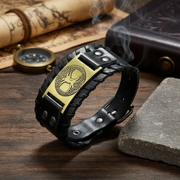 Black_Pu_Leather_Ancient_Horse_Lucky_Charm_Wrist_Band_Biker_Bracelet_For_Men_&_Boys
