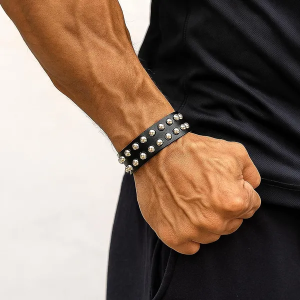Black_Pu_Leather_Funky_Biker_Adjustable_Wrist_Band_Bracelet_For_Men_&_Boys