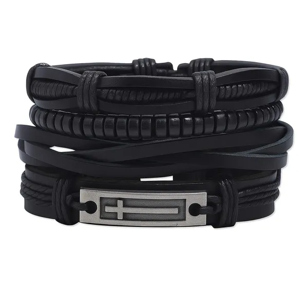 Black_Pu_Leather_Jesus_Christ_Cross_Charm_Multilayer_Adjustable_Bracelet_For_Men_&_Boys_(Set_Of_4)