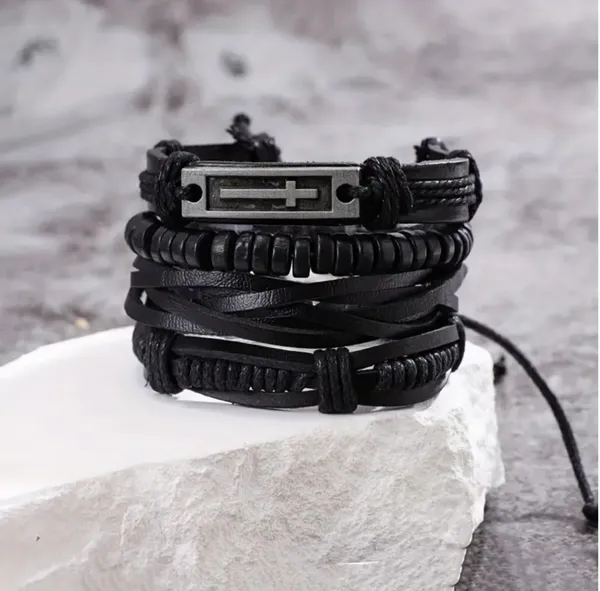 Black_Pu_Leather_Jesus_Christ_Cross_Charm_Multilayer_Adjustable_Bracelet_For_Men_&_Boys_(Set_Of_4)