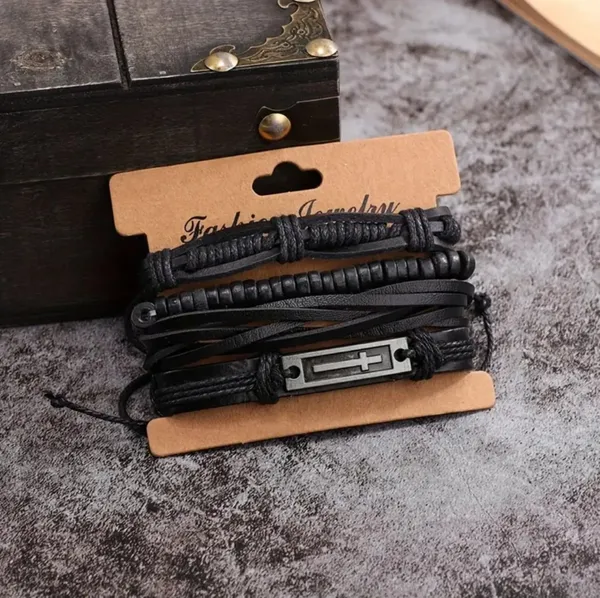 Black_Pu_Leather_Jesus_Christ_Cross_Charm_Multilayer_Adjustable_Bracelet_For_Men_&_Boys_(Set_Of_4)