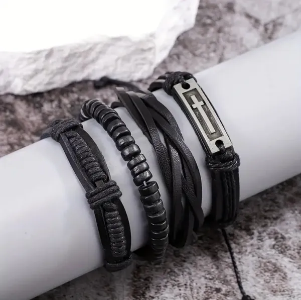 Black_Pu_Leather_Jesus_Christ_Cross_Charm_Multilayer_Adjustable_Bracelet_For_Men_&_Boys_(Set_Of_4)
