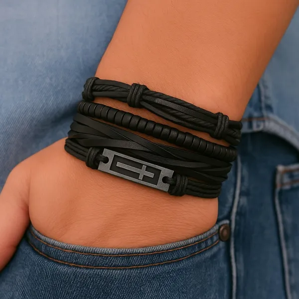Black_Pu_Leather_Jesus_Christ_Cross_Charm_Multilayer_Adjustable_Bracelet_For_Men_&_Boys_(Set_Of_4)