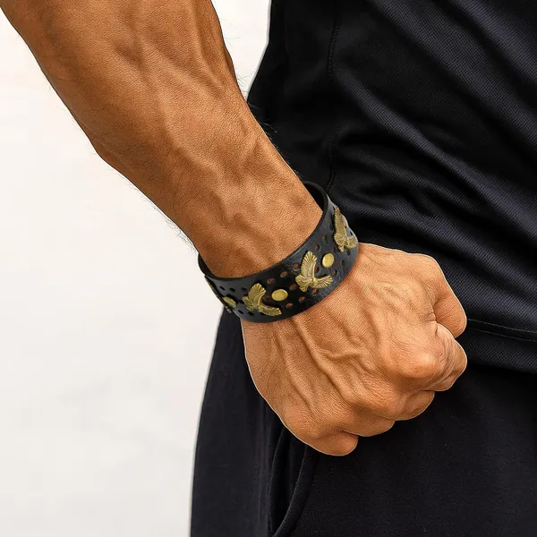 Black_Pu_Leather_Funky_Biker_Golden_Eagle_Claw_Adjustable_Wrist_Band_Bracelet_For_Men_&_Boys