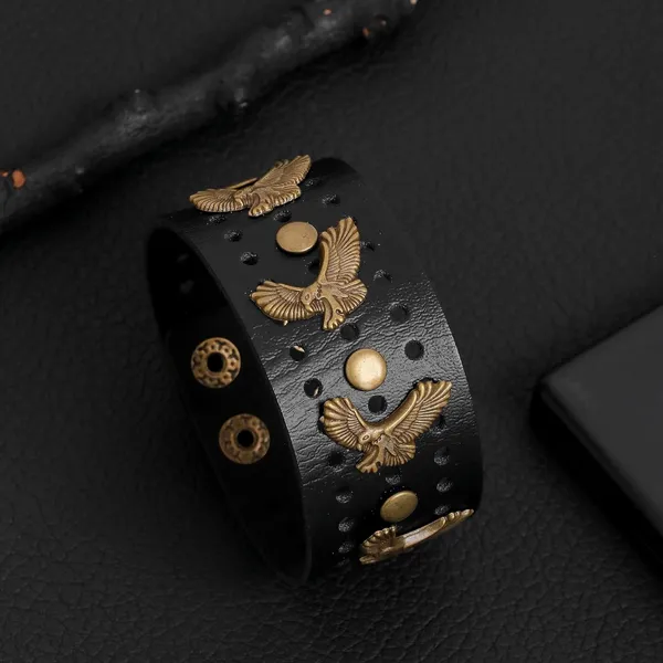 Black_Pu_Leather_Funky_Biker_Golden_Eagle_Claw_Adjustable_Wrist_Band_Bracelet_For_Men_&_Boys