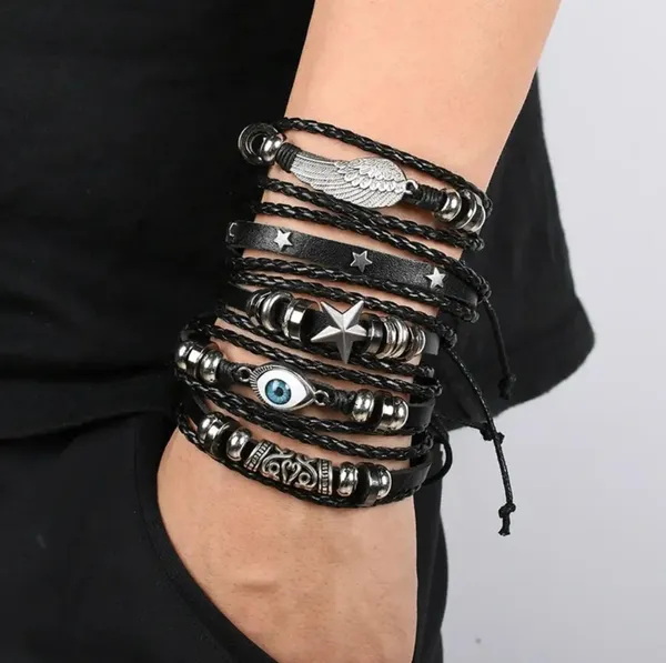 Black_Pu_Leather_Evil_Eye_Feather_Star_Charms_Multilayer_Adjustable_Bracelet_For_Men_&_Boys_(Set_Of_5)